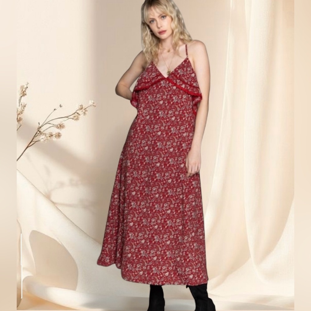 POL Red Floral Midi Dress Ruffle Lace Details